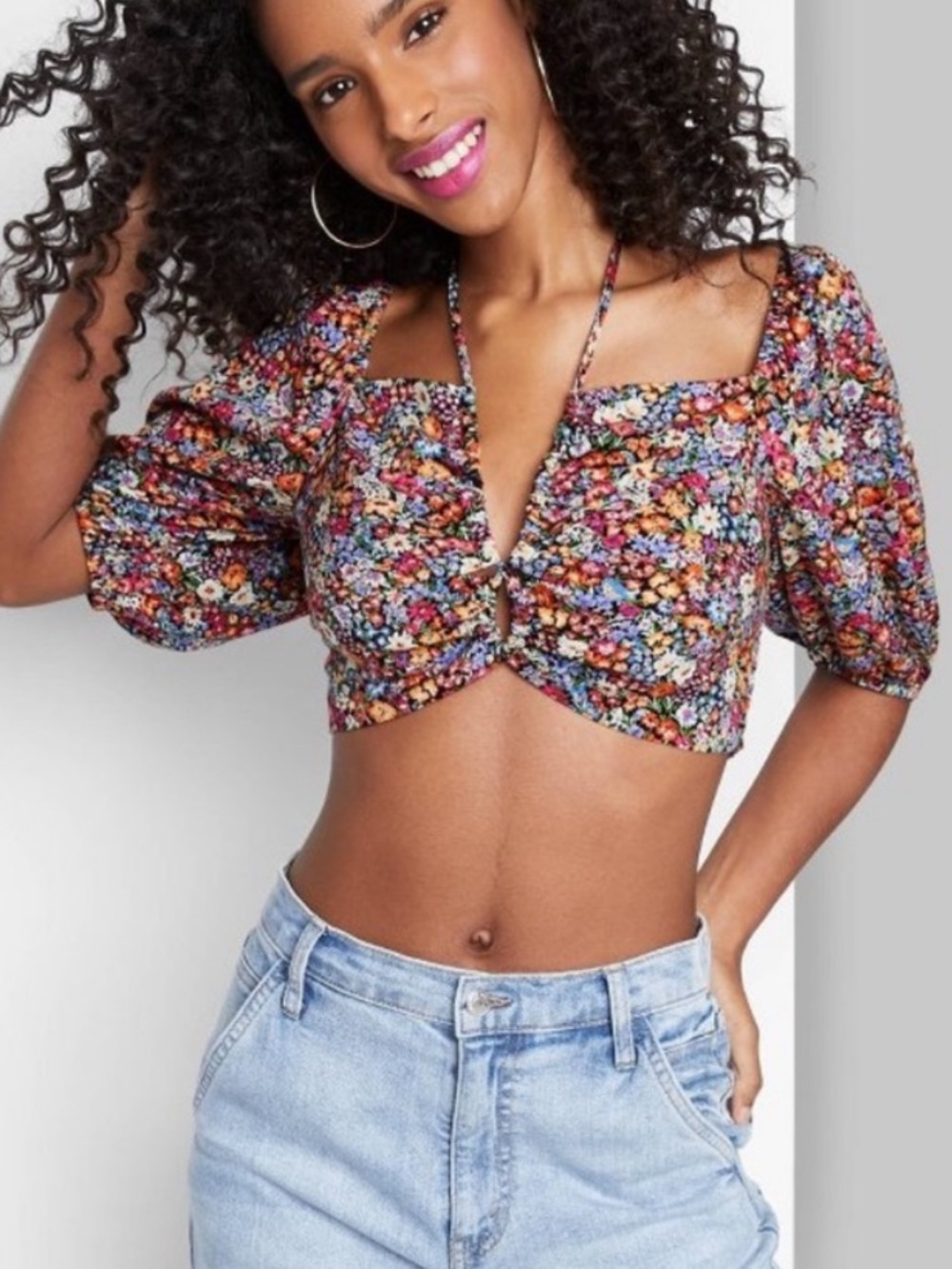 wild fable Floral Multicolor Tie-Front Puff Sleeve Crop Top